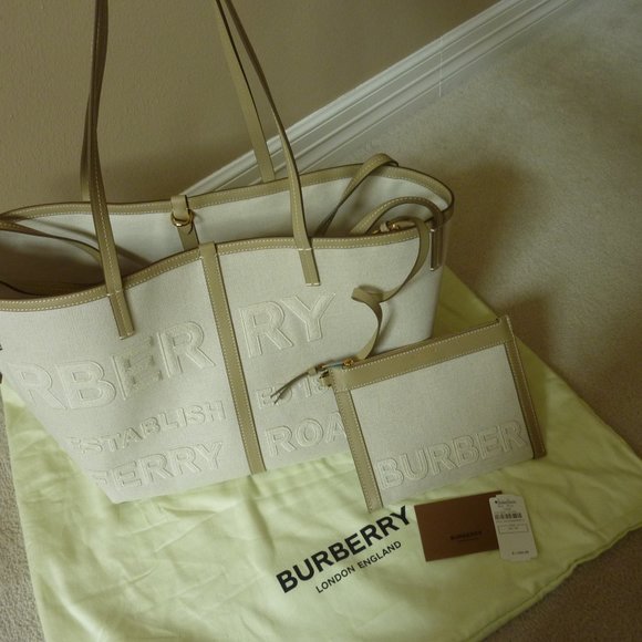 BURBERRY Mini Horseferry Linen Cotton Canvas Beach Tote - NEW - Picture 3 of 16